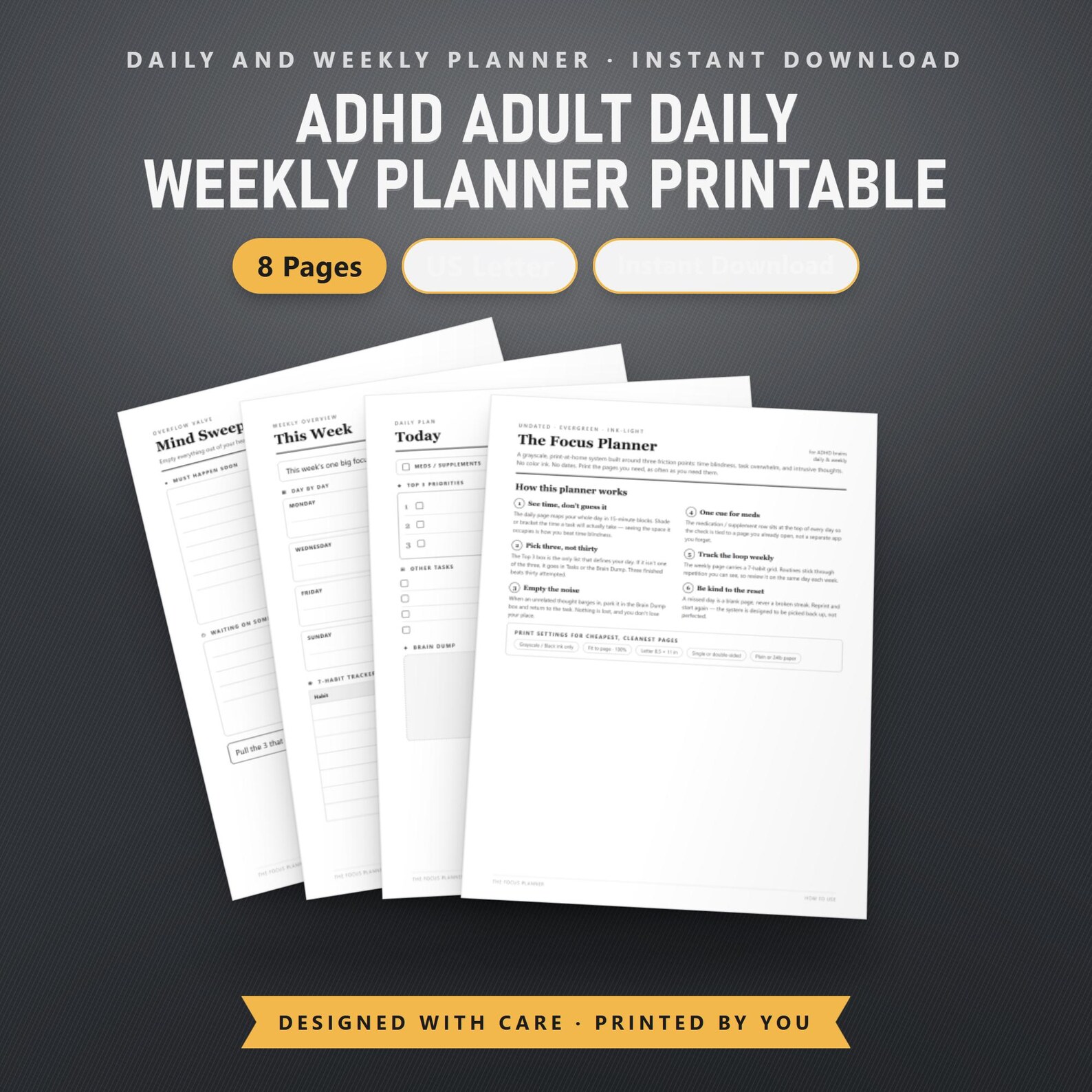 ADHD Time Blocking Planner, Undated Daily Weekly Planner Printable, Brain Dump, Habit Tracker, US Letter & A4, Instant Download