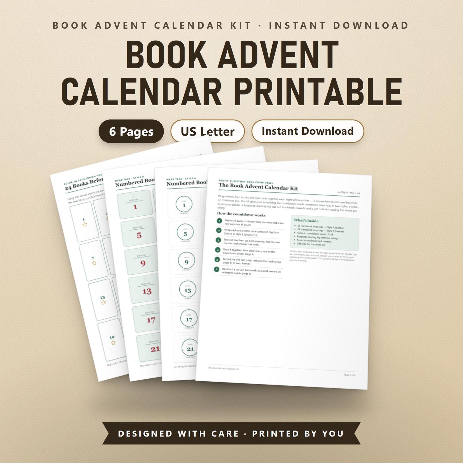 Book Advent Calendar Printable, Fillable, 24 Numbered Book Wrap Tags, Reading Log & Countdown Poster, US Letter, A4, Instant Download