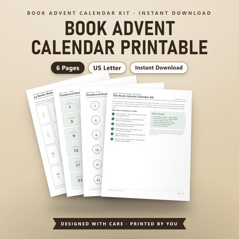 Book Advent Calendar Printable, Fillable, 24 Numbered Book Wrap Tags, Reading Log & Countdown Poster, US Letter, A4, Instant Download