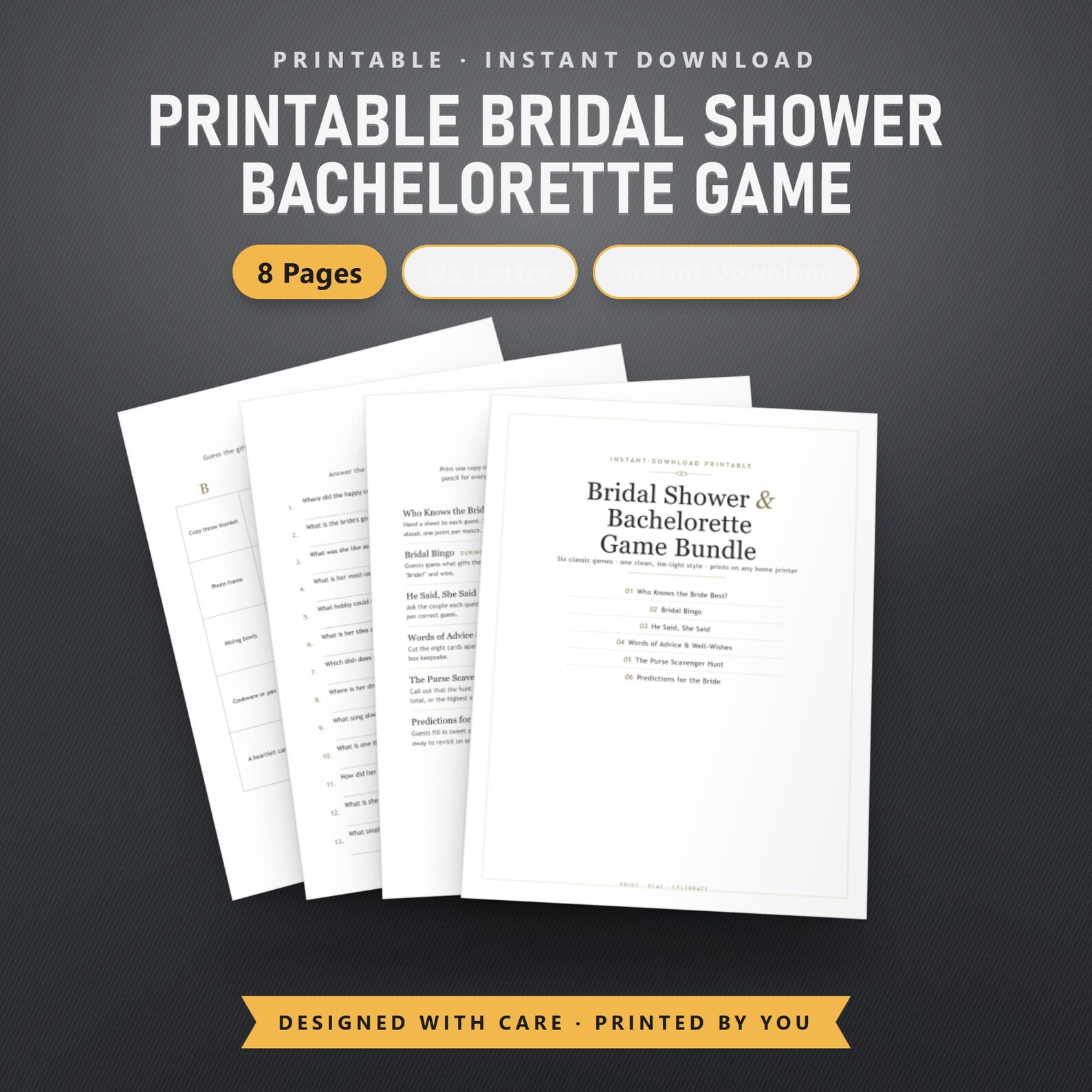 Bridal Shower Game Bundle Printable, Who Knows the Bride Best, Bridal Bingo, He Said She Said, Advice Cards, Purse Hunt, Instant Download