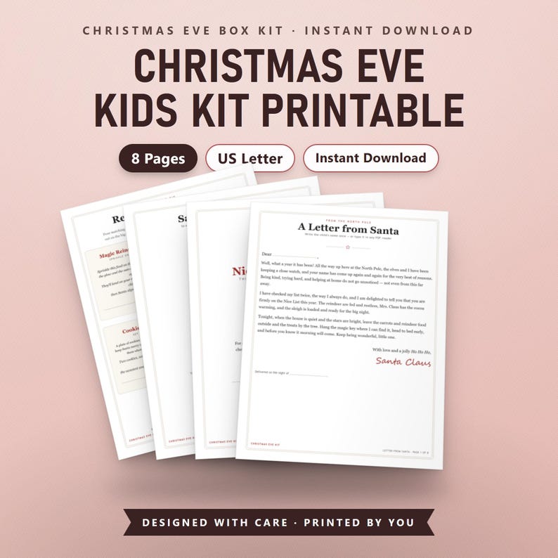 Christmas Eve Kids Kit Printable, Fillable Santa Letter, Nice List Certificate, Magic Key, Reindeer Food Tags, US Letter, A4, Instant