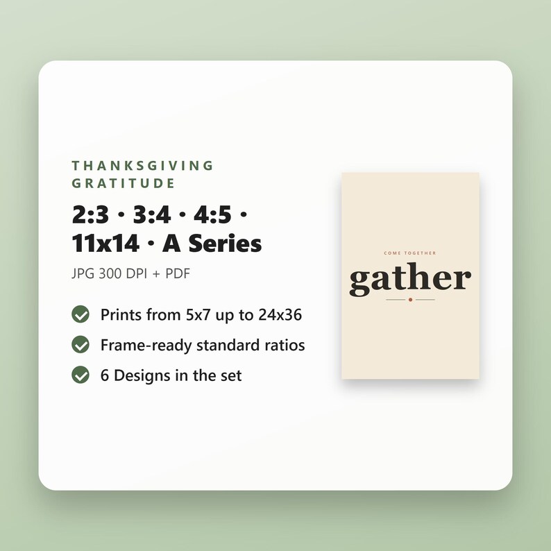 Gather Sign Printable, Thankful Grateful Blessed Wall Art Set of 6, Give Thanks, Thanksgiving Prints, 16x20 11x14 8x10, Instant Download, image 5