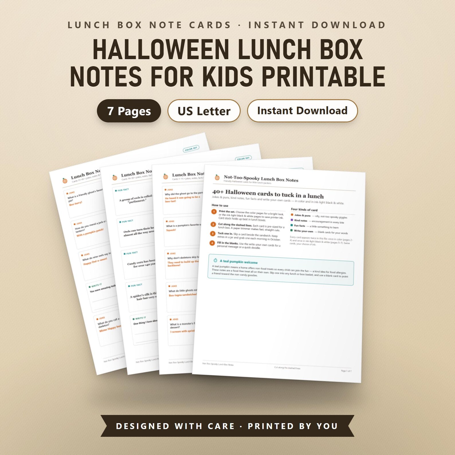 Halloween Lunch Box Notes for Kids, Fillable Note Cards, 40+ Not Too Spooky Jokes, Printable US Letter, A4, Instant Download