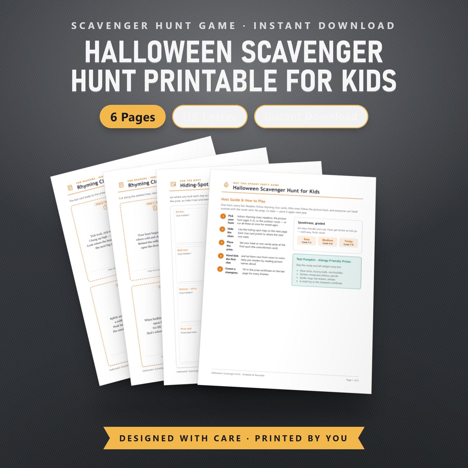 Halloween Scavenger Hunt Printable for Kids, Fillable Rhyming Clue Cards & Picture Hunt, Indoor Outdoor Party Game, US Letter, A4, Instant