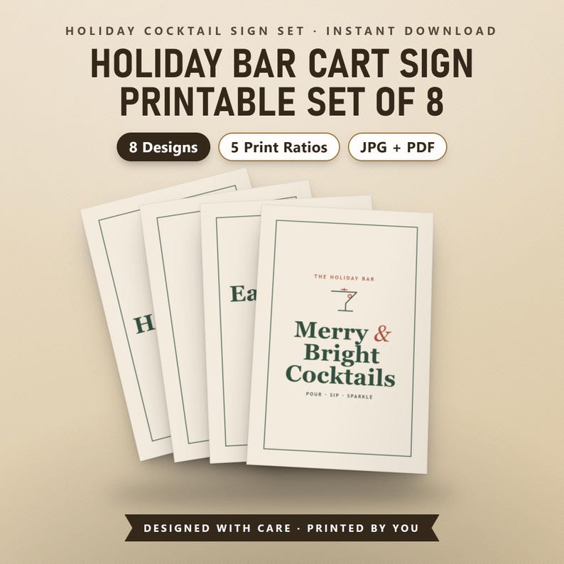 Holiday Bar Cart Sign Printable Set of 8, Christmas Cocktail Wall Art, Drink Station Signs, Color + Ink-Light, 16x20, 11x14, 8x10, Instant, image 2