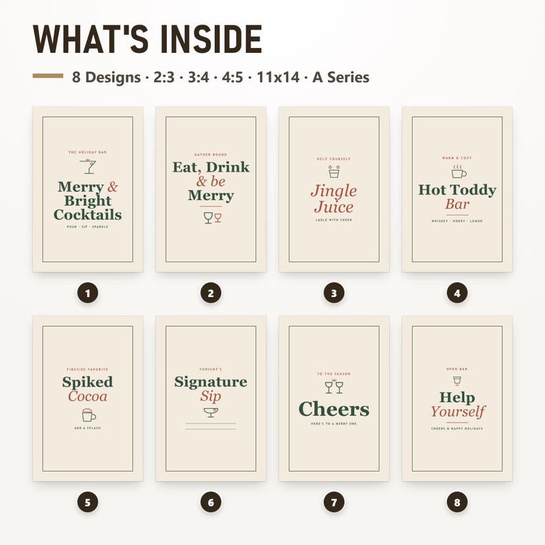 Holiday Bar Cart Sign Printable Set of 8, Christmas Cocktail Wall Art, Drink Station Signs, Color + Ink-Light, 16x20, 11x14, 8x10, Instant, image 3