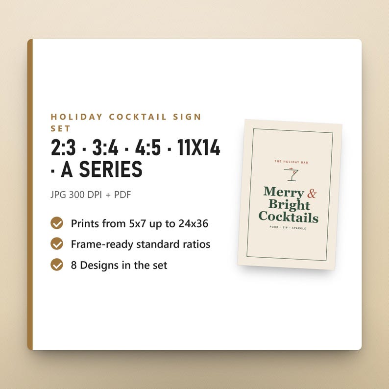 Holiday Bar Cart Sign Printable Set of 8, Christmas Cocktail Wall Art, Drink Station Signs, Color + Ink-Light, 16x20, 11x14, 8x10, Instant, image 9