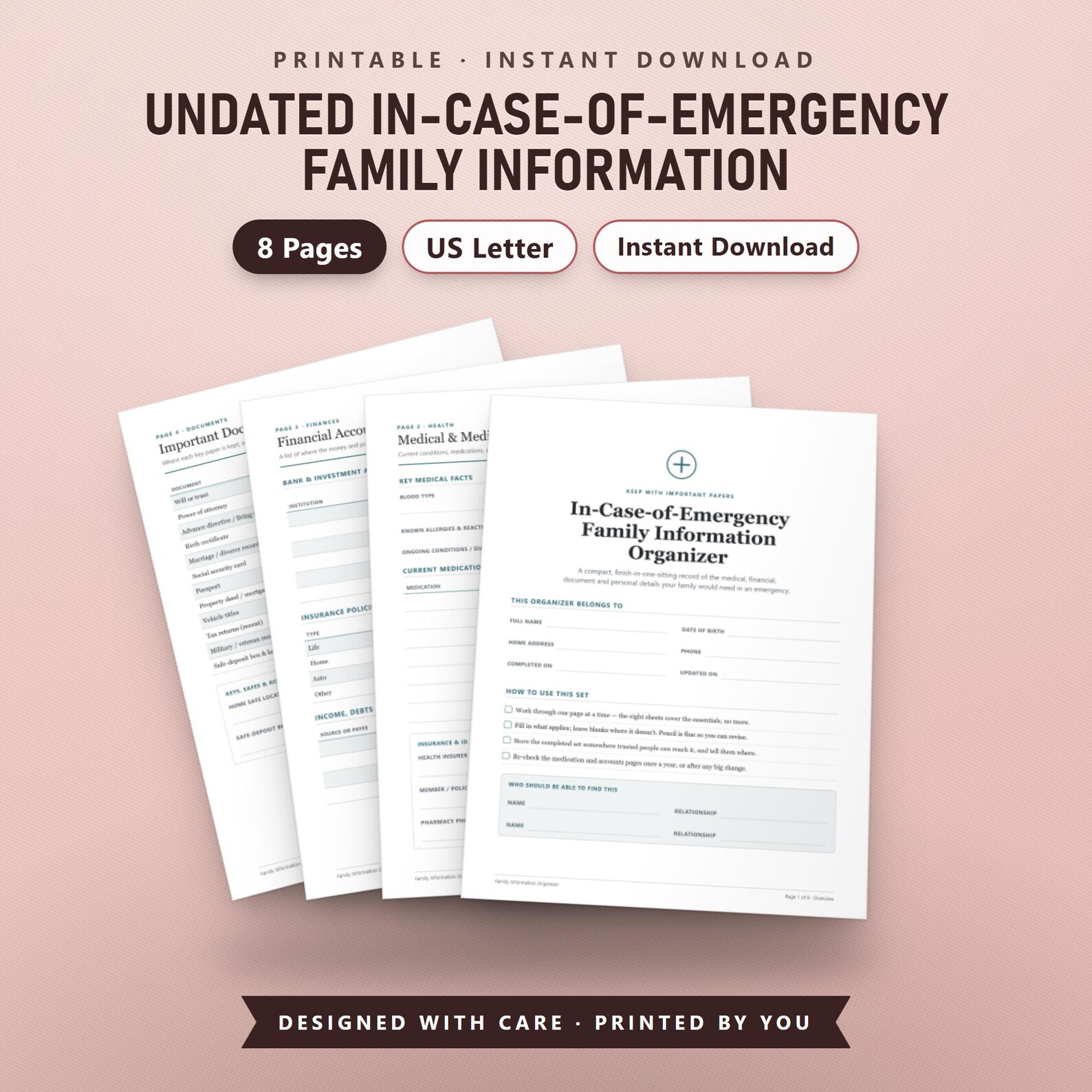 In Case of Emergency Binder Printable, End of Life Planner, Family Information Organizer, 8 Pages, US Letter, Instant Download