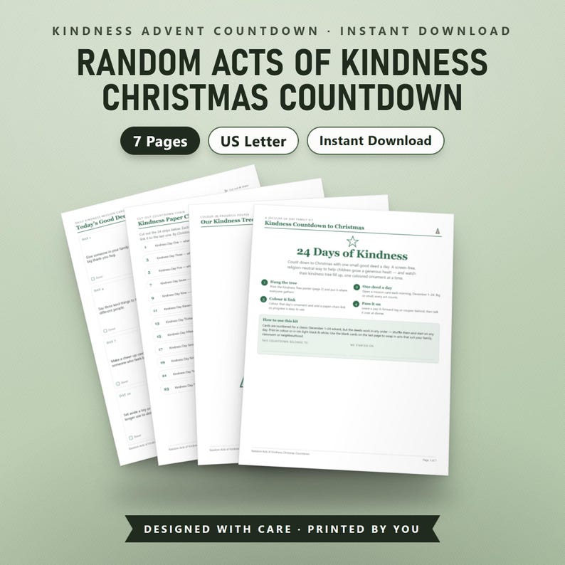 Random Acts of Kindness Christmas Countdown, Fillable Kindness Advent Printable, 24 Mission Cards, US Letter, A4, Instant Download