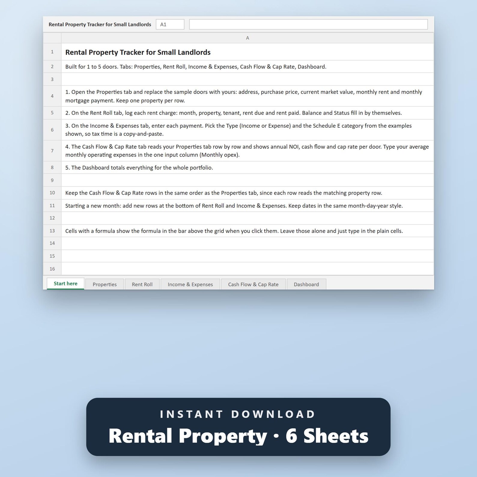 Rental Property Spreadsheet, Small Landlord Income Expense Tracker, Rent Roll, Schedule E, Cash Flow, Cap Rate, Excel, Google Sheets