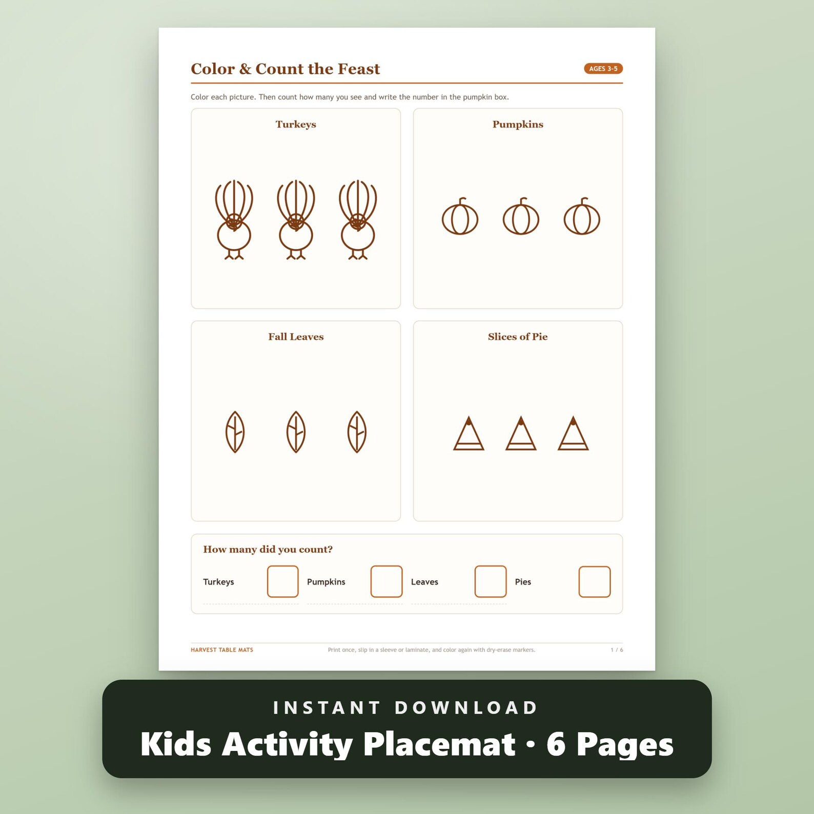 Thanksgiving Activity Placemat Printable Bundle, Fillable Kids Placemats, 6 Activity Mats, US Letter, A4, Instant Download