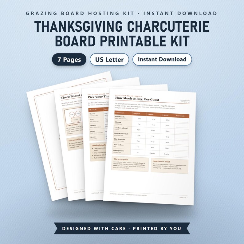 Thanksgiving Charcuterie Board Printable Kit, Grazing Table Sign, Fillable Food & Allergy Labels, Shopping List, US Letter, A4, Instant