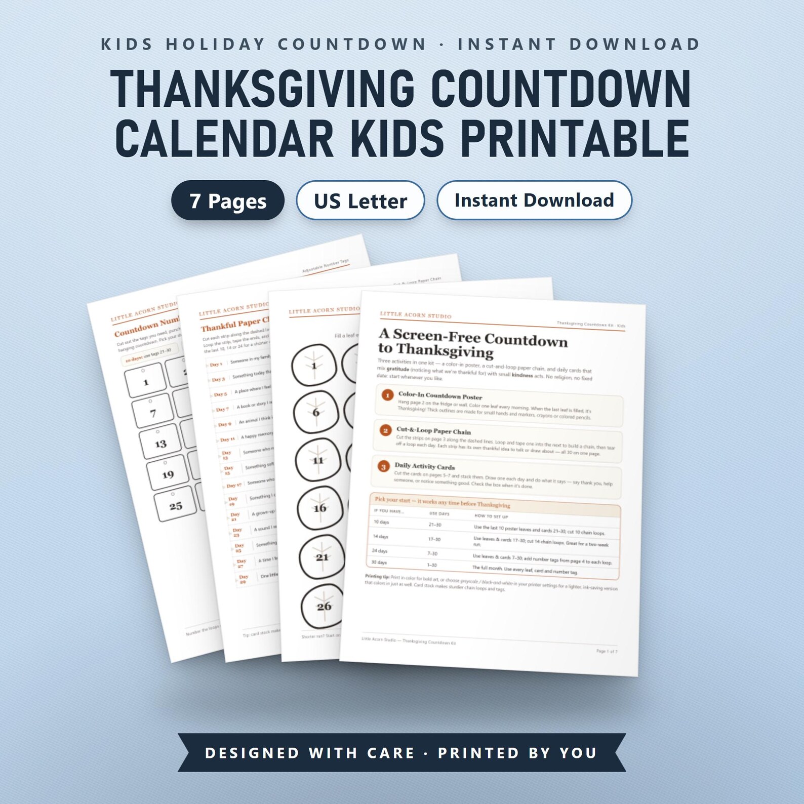 Thanksgiving Countdown Calendar Kids Printable, Fillable Gratitude & Kindness Activity Cards, Color In Poster and Paper Chain, US Letter