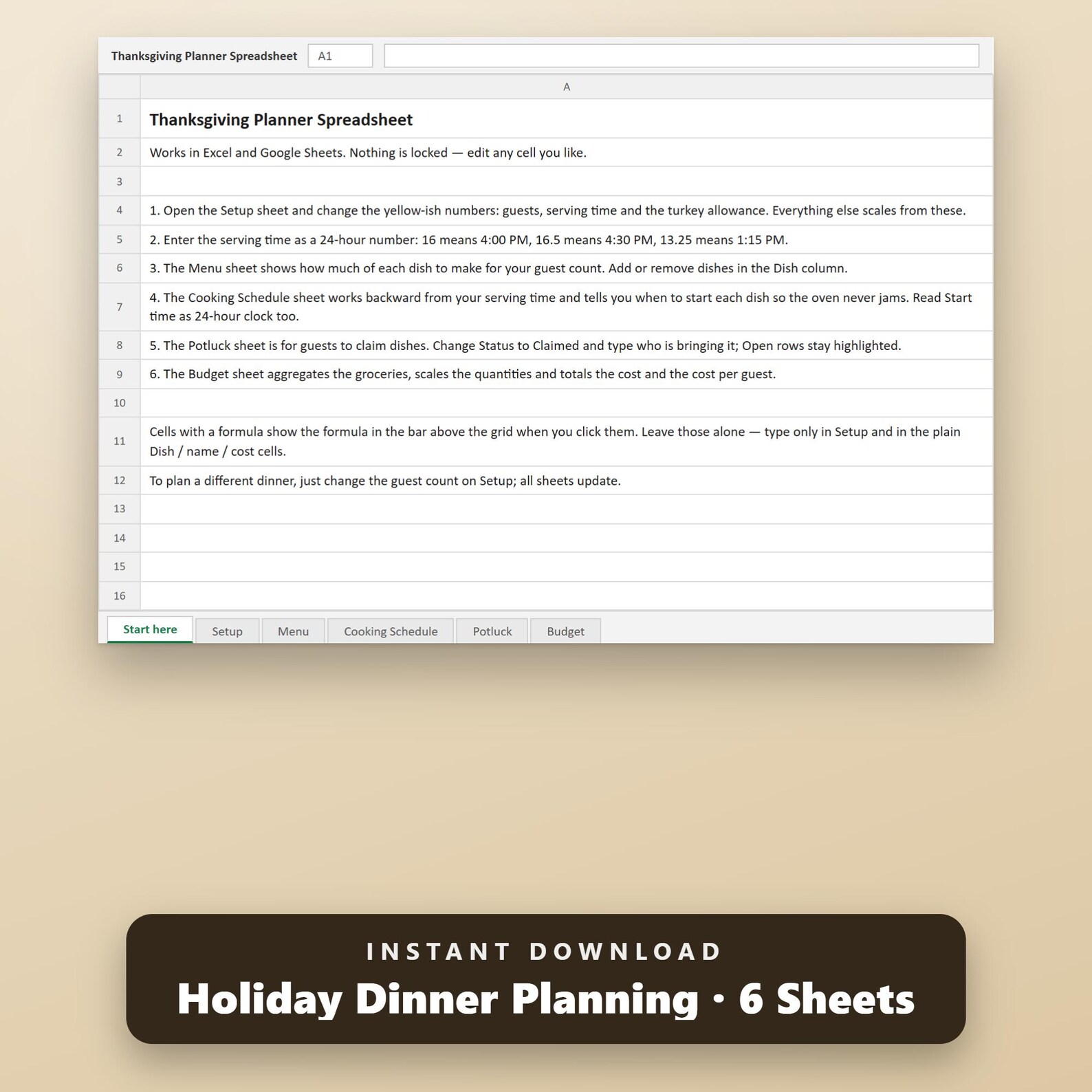 Thanksgiving Planner Spreadsheet, Turkey & Portion Calculator, Cooking Schedule, Guest List, Budget, Excel, Google Sheets, Instant Download