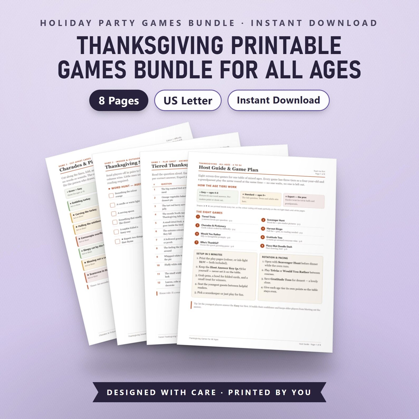 Thanksgiving Printable Games Bundle, 8 Fillable Family Party Games, All Ages Trivia, Scavenger Hunt, Bingo, US Letter, A4, Instant Download