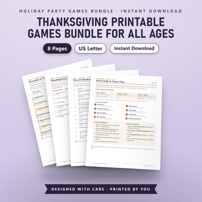 Thanksgiving Printable Games Bundle, 8 Fillable Family Party Games, All Ages Trivia, Scavenger Hunt, Bingo, US Letter, A4, Instant Download