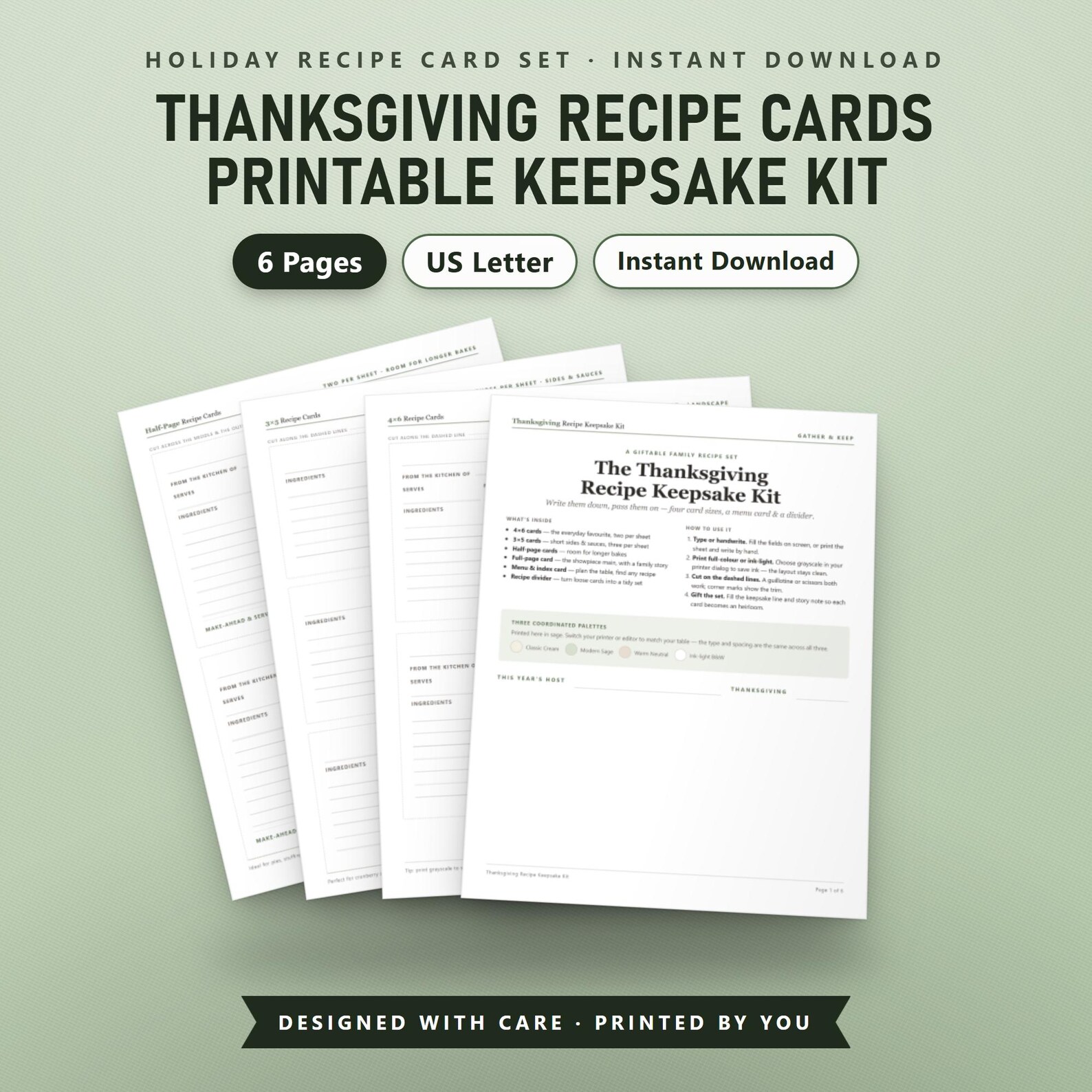 Thanksgiving Recipe Cards Printable, Fillable Keepsake Kit, 4x6 3x5 Full Page, Family Recipe Set, US Letter, A4, Instant Download