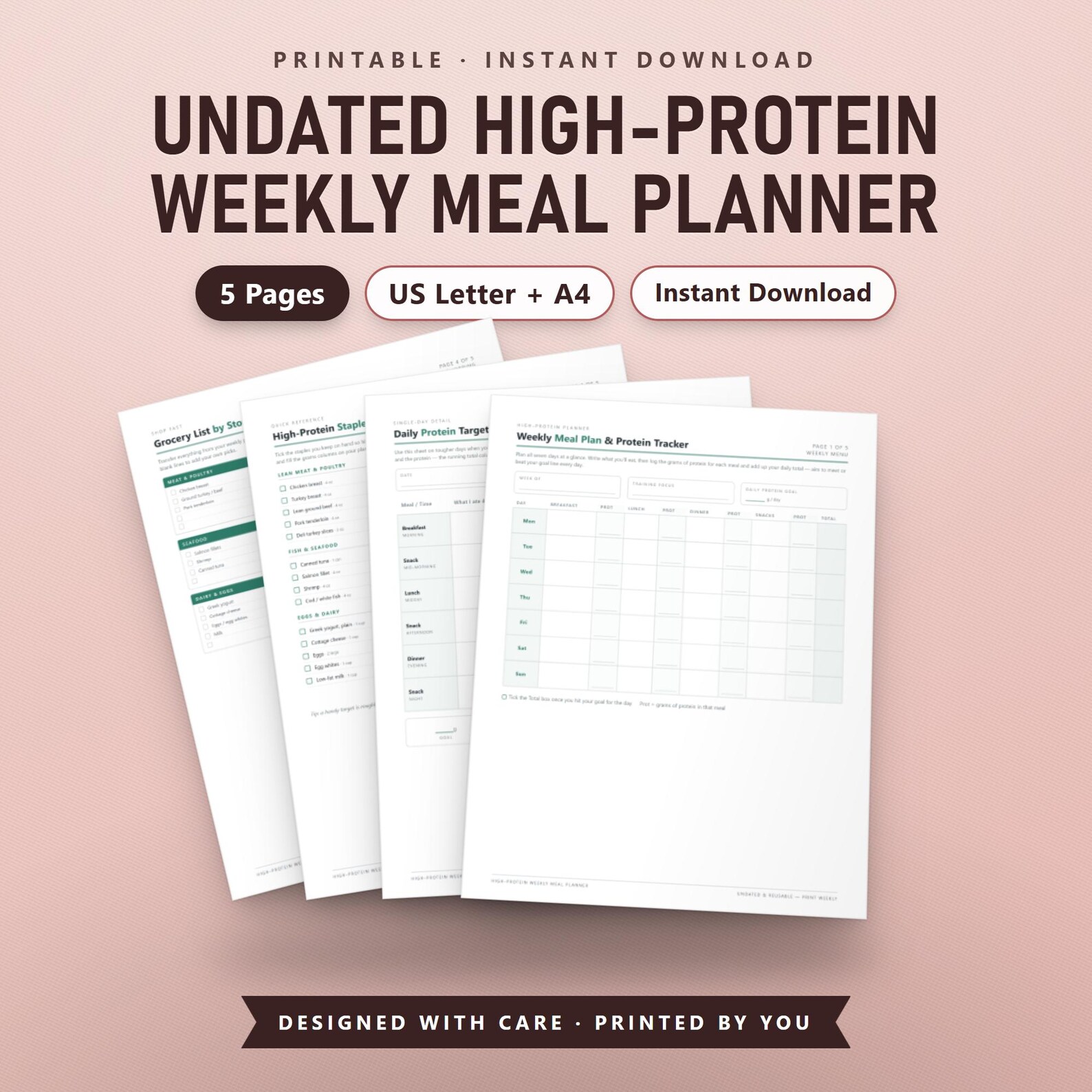Undated High-Protein Weekly Meal Planner Printable PDF, 7-Day Menu & Protein Tracker