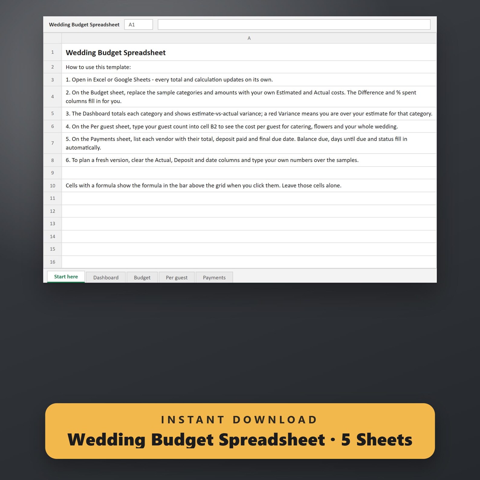 Wedding Budget Spreadsheet, Excel & Google Sheets Template, Per-Guest Cost Calculator, Vendor Payment Tracker, Instant Download