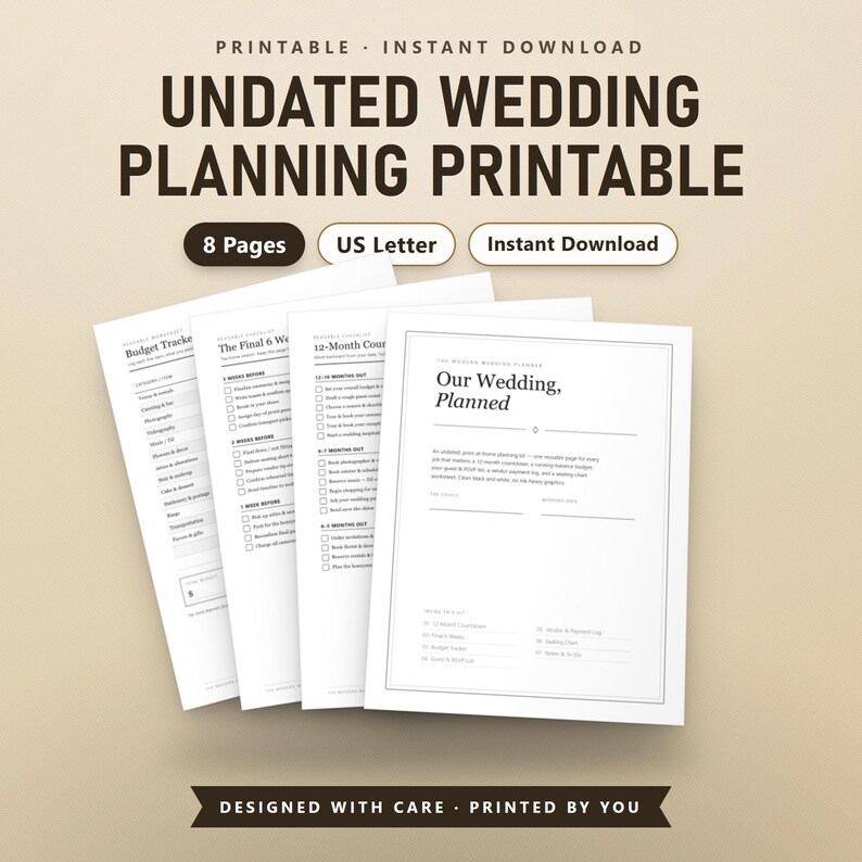 Wedding Checklist Printable, Undated Wedding Planner, Budget Tracker, Guest List, Vendor Log, Seating Chart, Instant Download