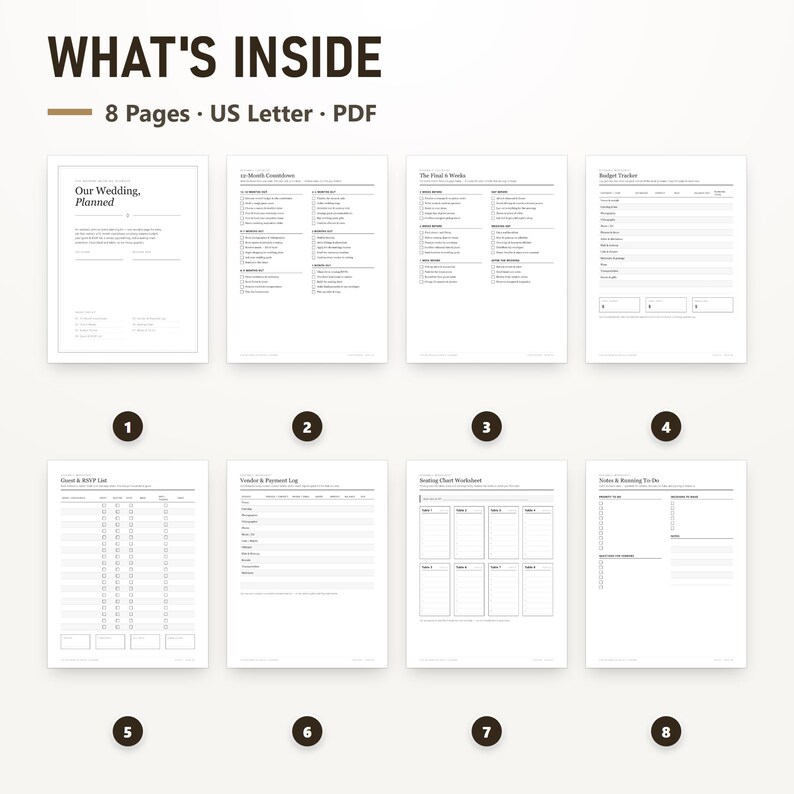 Wedding Checklist Printable, Undated Wedding Planner, Budget Tracker, Guest List, Vendor Log, Seating Chart, Instant Download, image 2