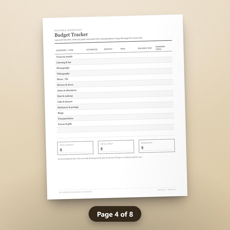 Wedding Checklist Printable, Undated Wedding Planner, Budget Tracker, Guest List, Vendor Log, Seating Chart, Instant Download, image 7