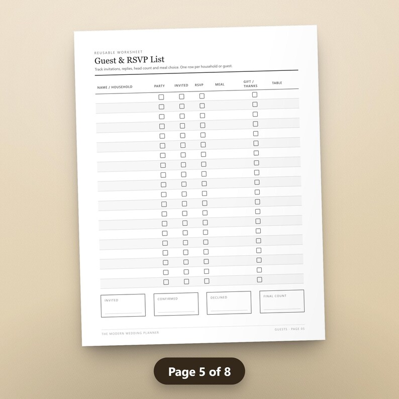 Wedding Checklist Printable, Undated Wedding Planner, Budget Tracker, Guest List, Vendor Log, Seating Chart, Instant Download, image 8