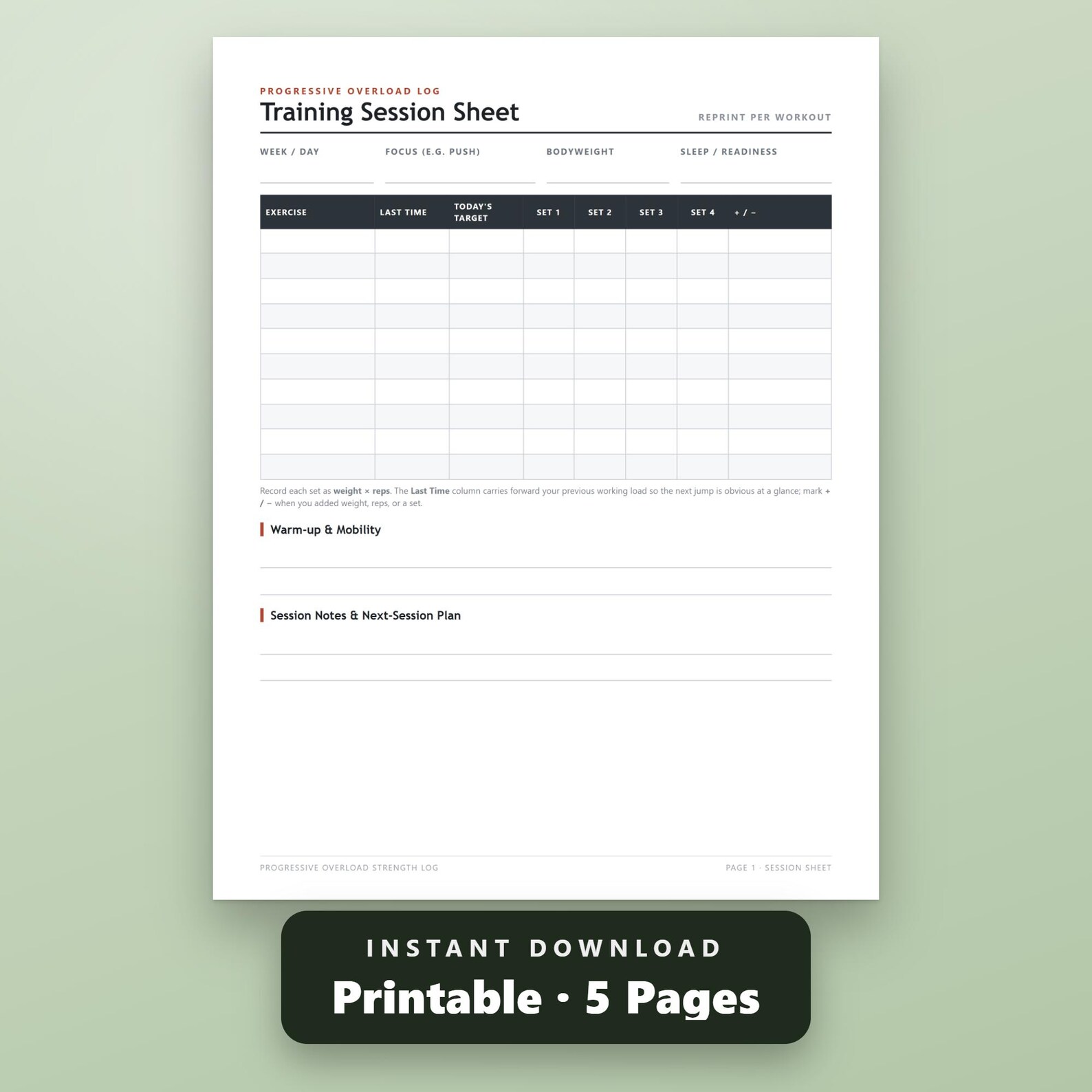Weight Lifting Log Printable, Progressive Overload Tracker, Strength Training Log, Weekly Workout Sheets, 1RM Reference, Instant Download