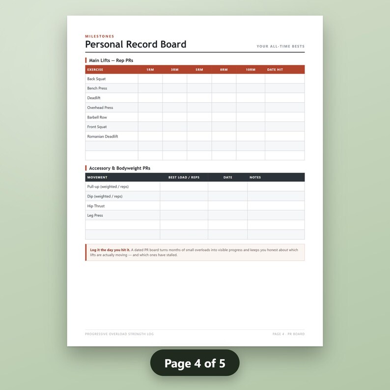 Weight Lifting Log Printable, Progressive Overload Tracker, Strength Training Log, Weekly Workout Sheets, 1RM Reference, Instant Download, image 8