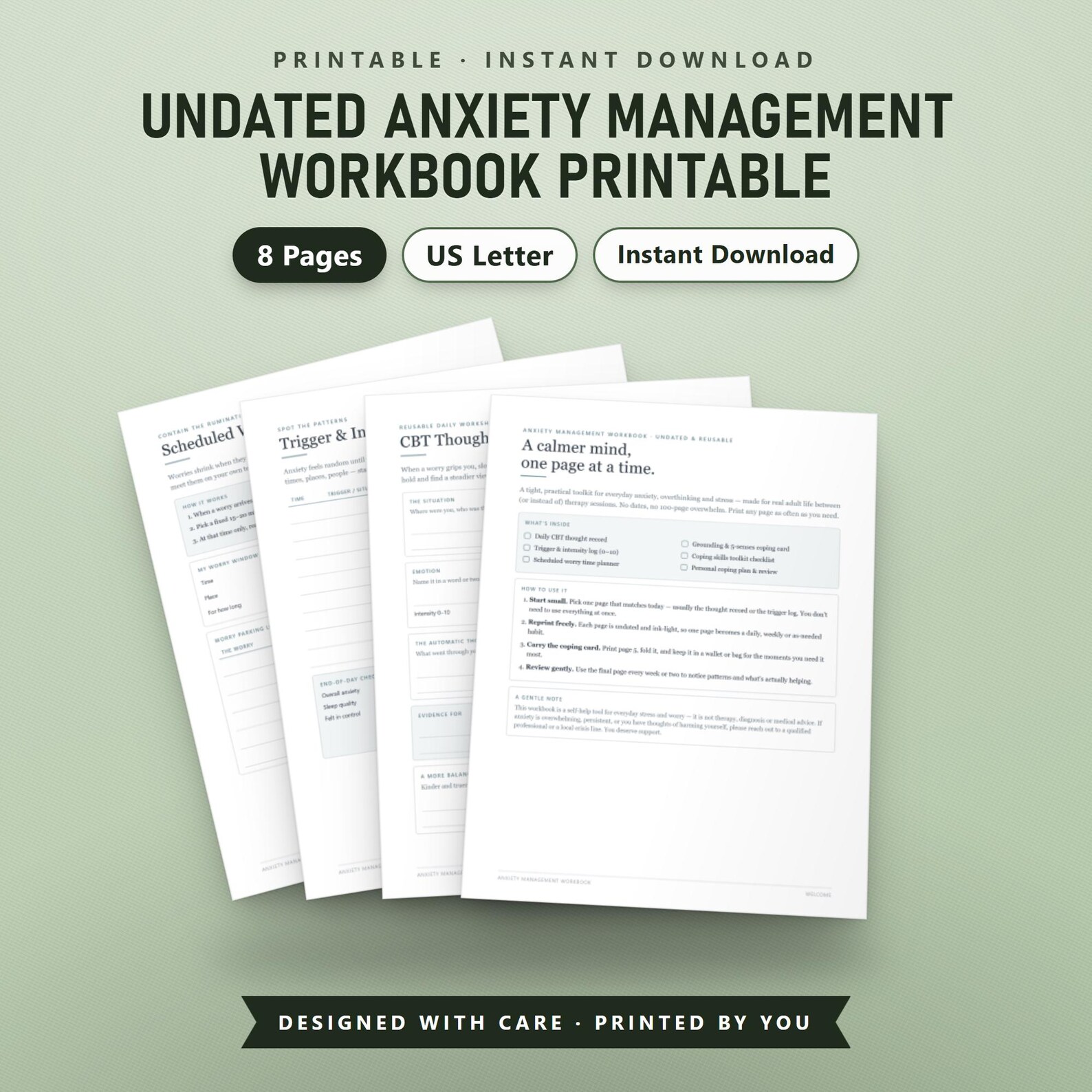 Worry Log Printable, CBT Thought Record, Anxiety Workbook for Adults, Coping Skills Toolkit, Grounding PDF, US Letter, Instant Download